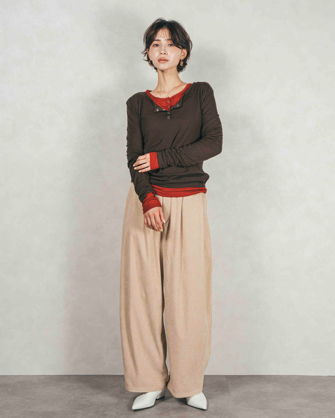 Sheerリブヘンリーネックトップス (BROWN)