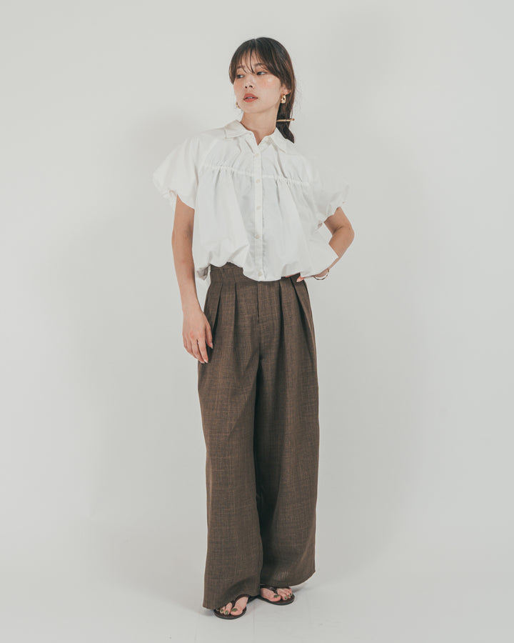 ［SET］バルーンShirringハーフスリーブシャツ + スラブTweedタックワイドパンツ（2SET）