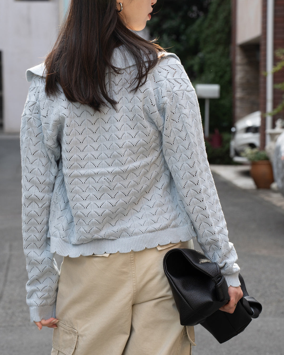 透かし編みニット襟付きカーディガン