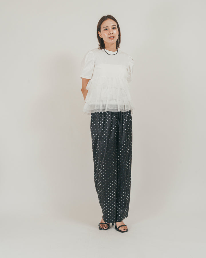 ［SET］チュールフリル ペプラムTシャツ + ドットサテンパンツ（2SET）