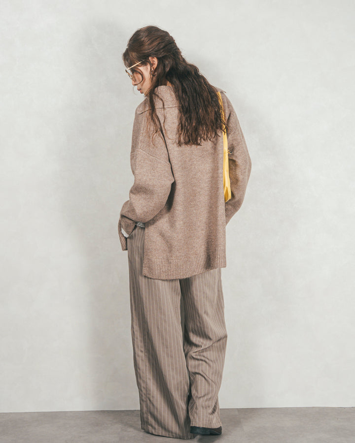 ［SET］サイドスリット襟付きスキッパーニット+Relaxストライプパンツ