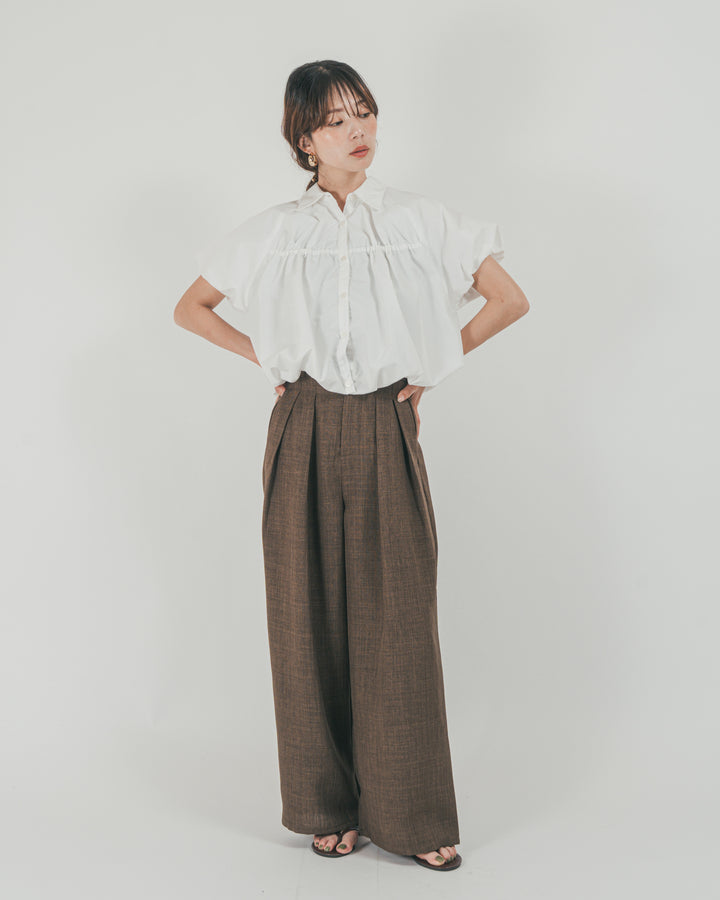 ［SET］バルーンShirringハーフスリーブシャツ + スラブTweedタックワイドパンツ（2SET）