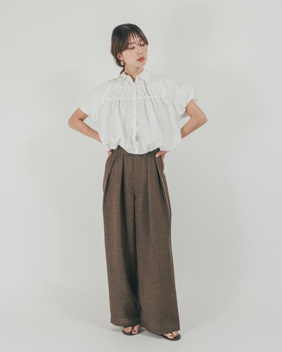 ［SET］バルーンShirringハーフスリーブシャツ + スラブTweedタックワイドパンツ（2SET）