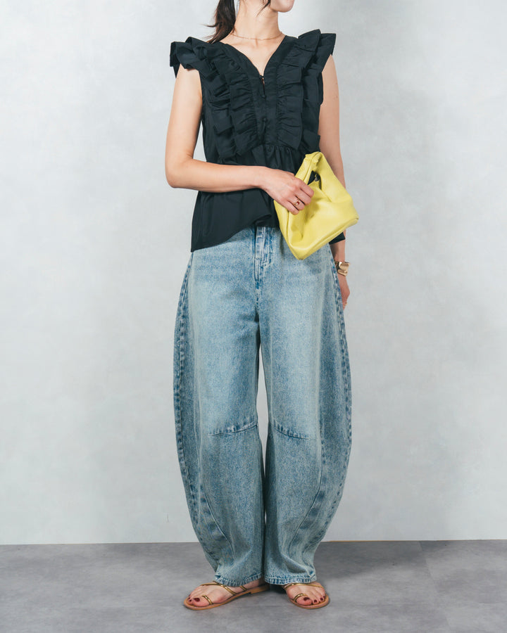 ［SET］フリルVネックブラウス+ハクデザインカーブデニム（2SET）