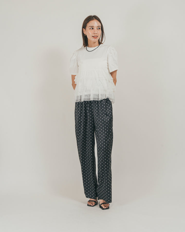 ［SET］チュールフリル ペプラムTシャツ + ドットサテンパンツ（2SET）