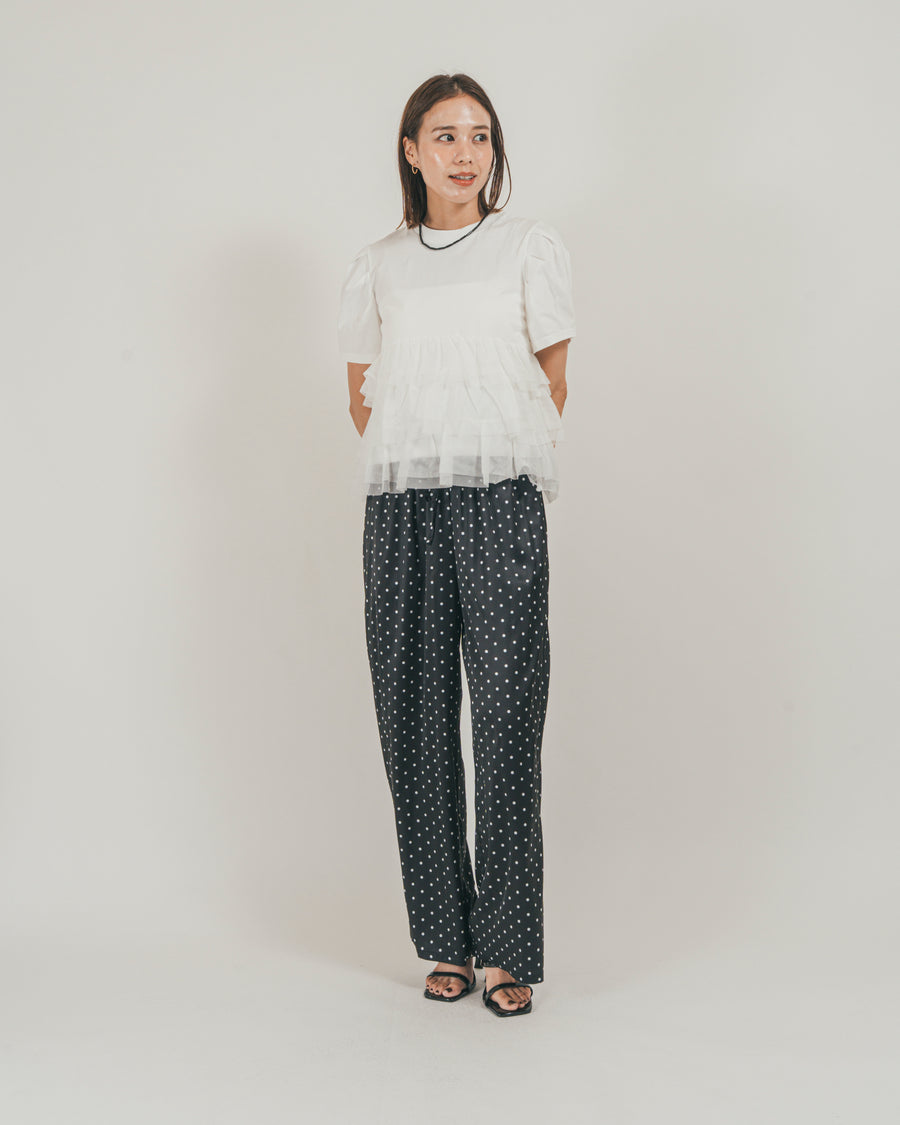 ［SET］チュールフリル ペプラムTシャツ + ドットサテンパンツ（2SET）