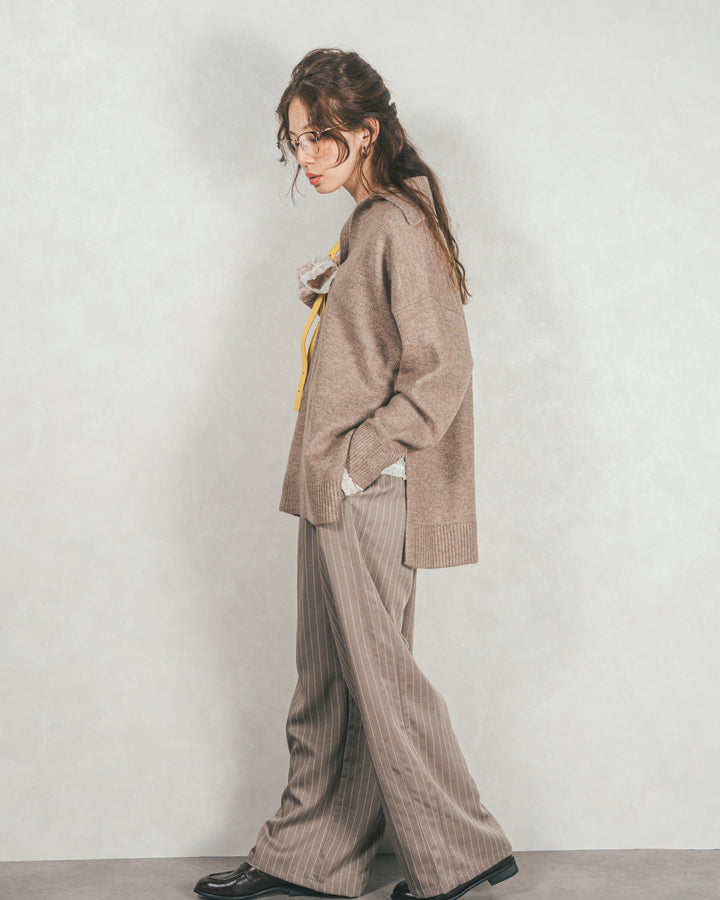 ［SET］サイドスリット襟付きスキッパーニット+Relaxストライプパンツ