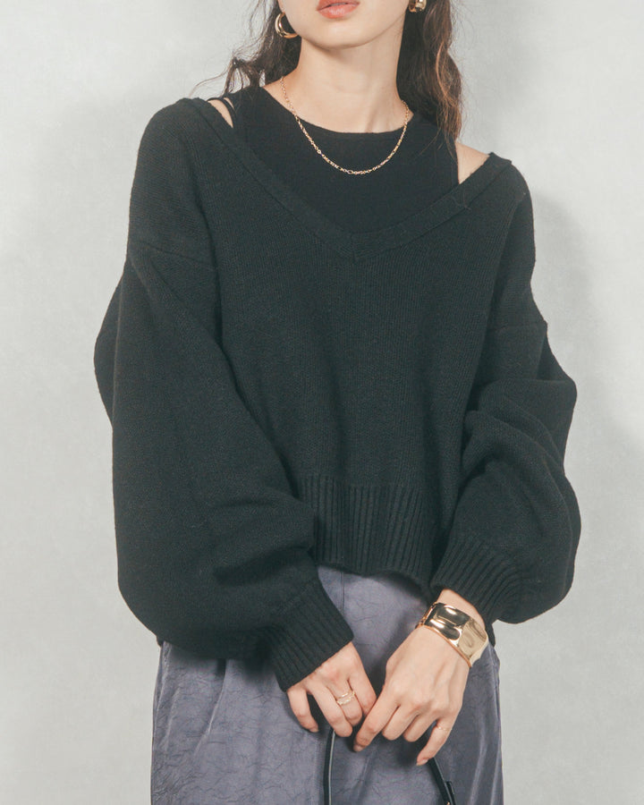 ［SET］メランジVネックニットレイヤードセット+ドローストリングナイロンカーゴスカート（2SET）