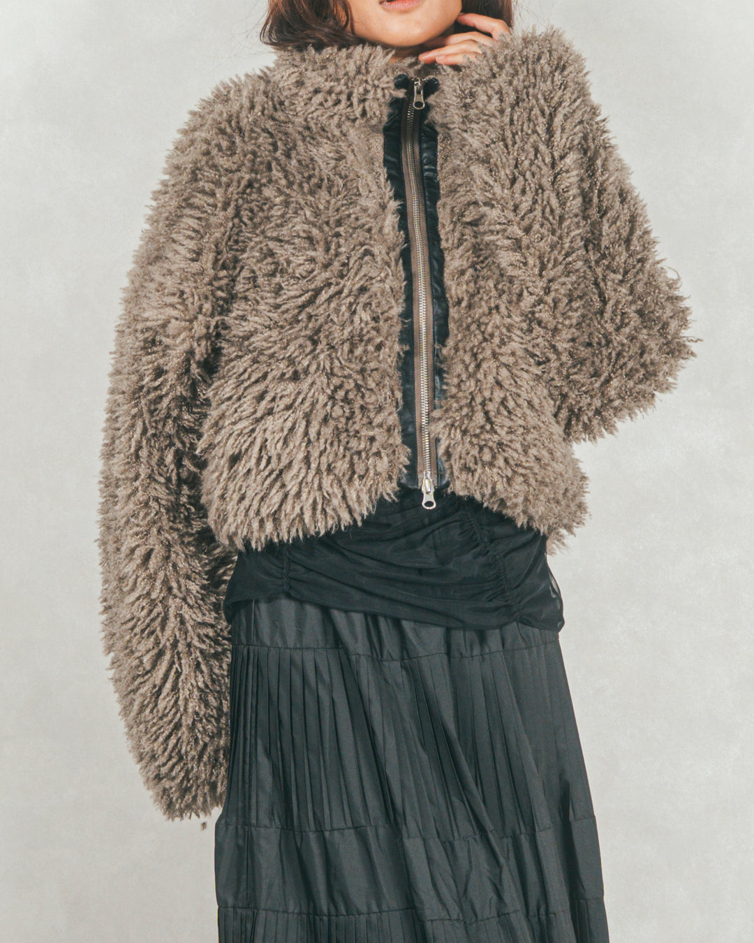 ［SET］プードルボアZipショートコート+プリーツNarrowロングスカート（2SET）