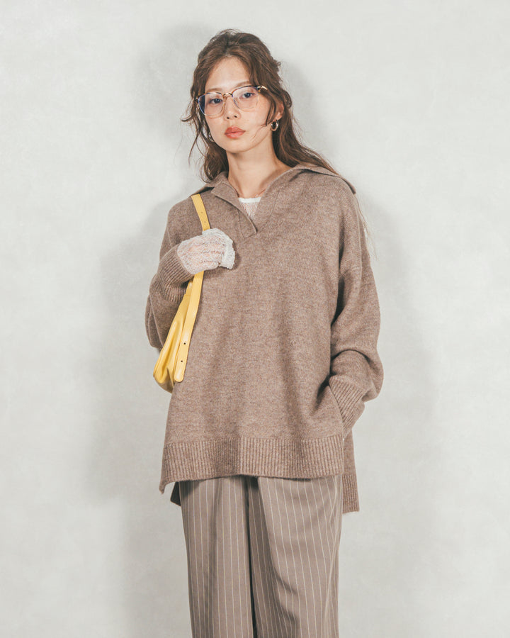 ［SET］サイドスリット襟付きスキッパーニット+Relaxストライプパンツ