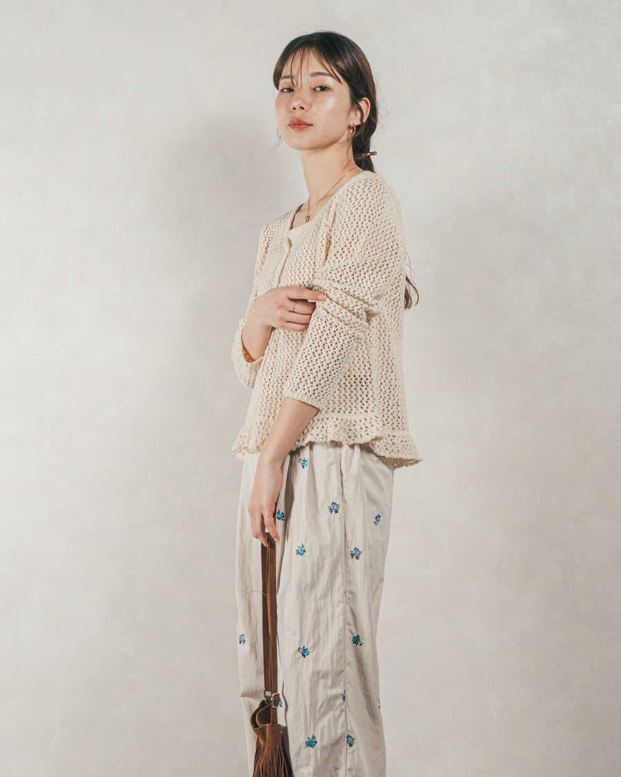 ［SET］Mixメッシュ Vネックカーデ + Flower刺繍　タックパンツ（2SET）