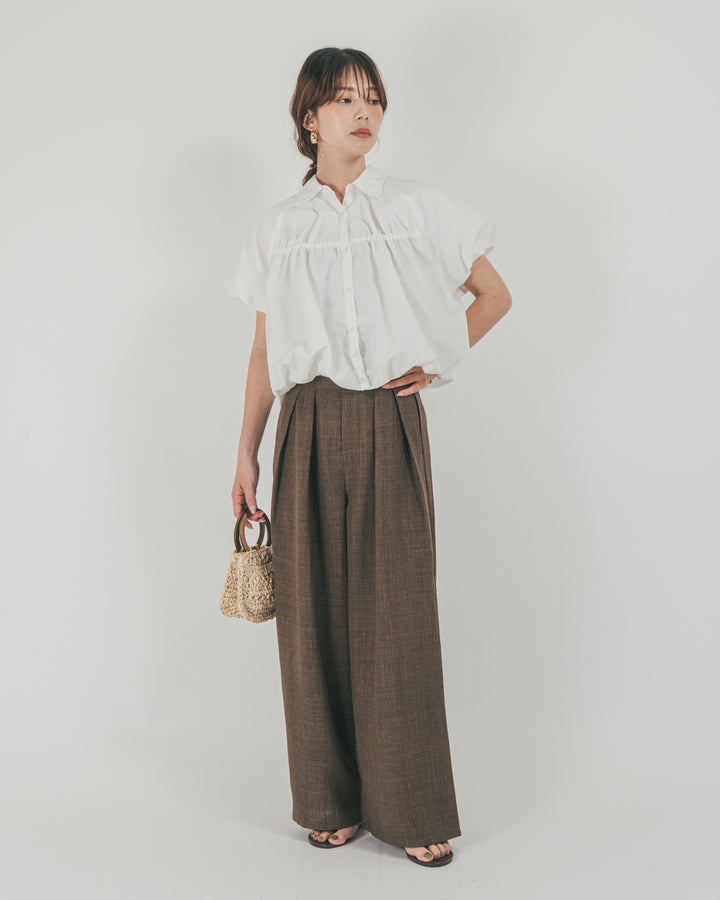 ［SET］バルーンShirringハーフスリーブシャツ + スラブTweedタックワイドパンツ（2SET）