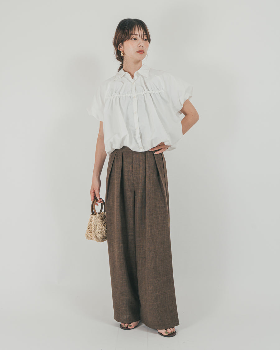 ［SET］バルーンShirringハーフスリーブシャツ + スラブTweedタックワイドパンツ（2SET）