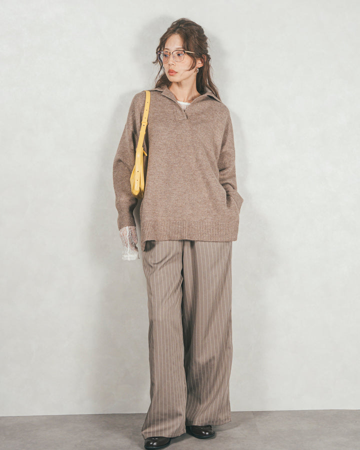 ［SET］サイドスリット襟付きスキッパーニット+Relaxストライプパンツ