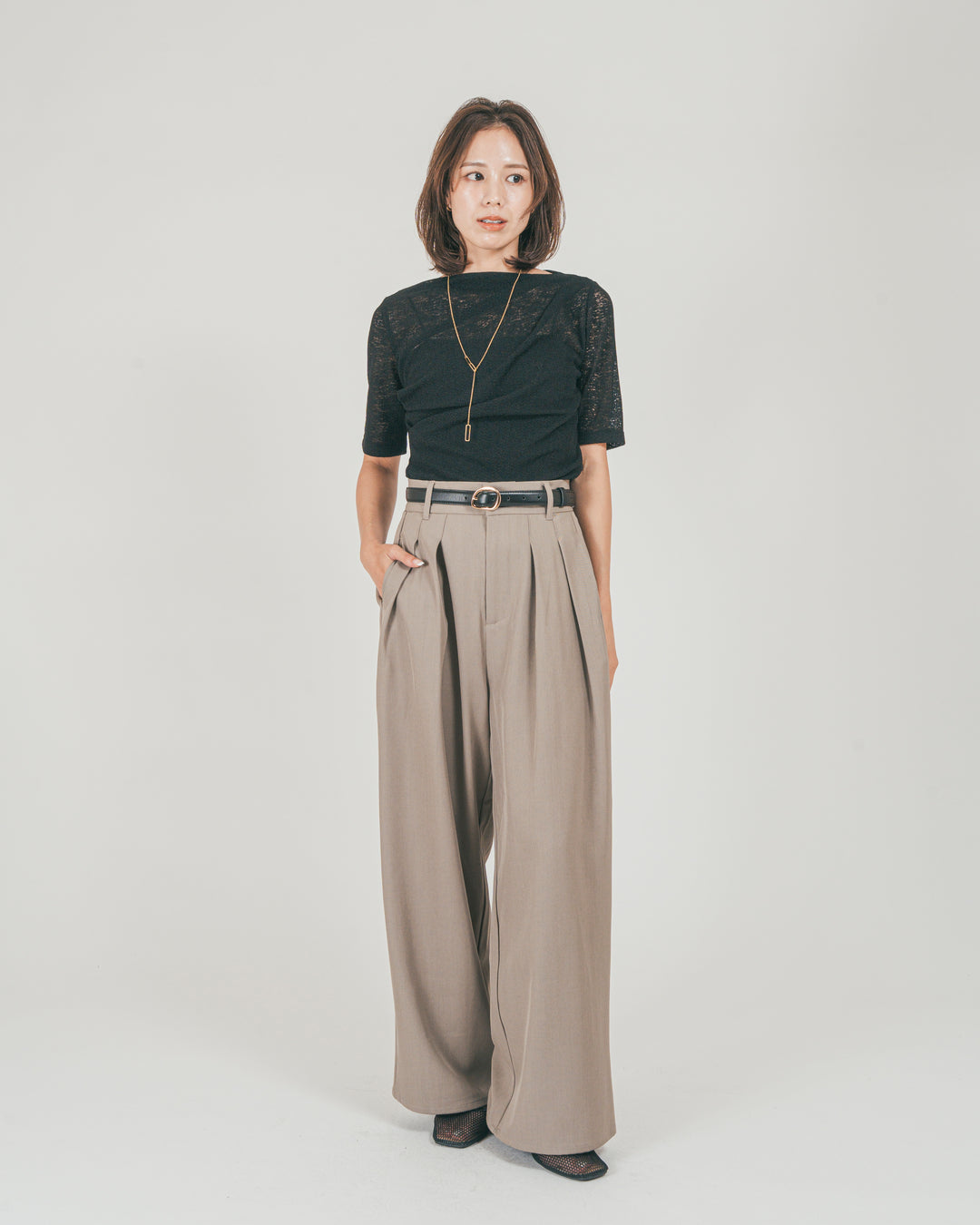 ［SET］カットレース ドレープTee + ダブルタック ハイウエストワイドパンツ（2SET）