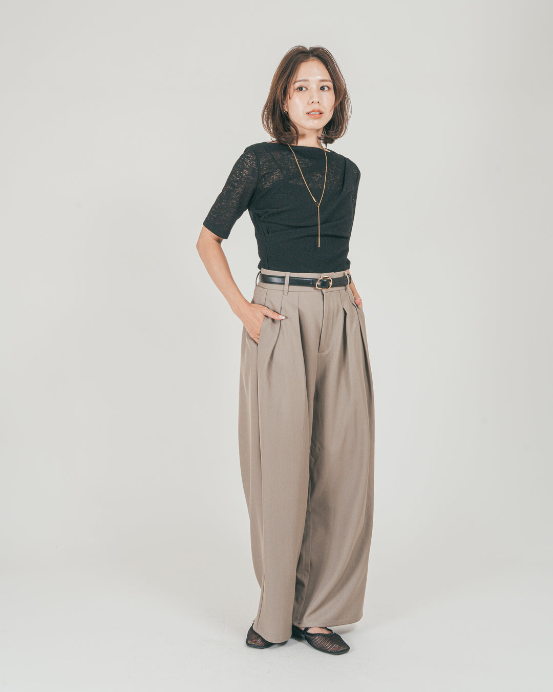 ［SET］カットレース ドレープTee + ダブルタック ハイウエストワイドパンツ（2SET）