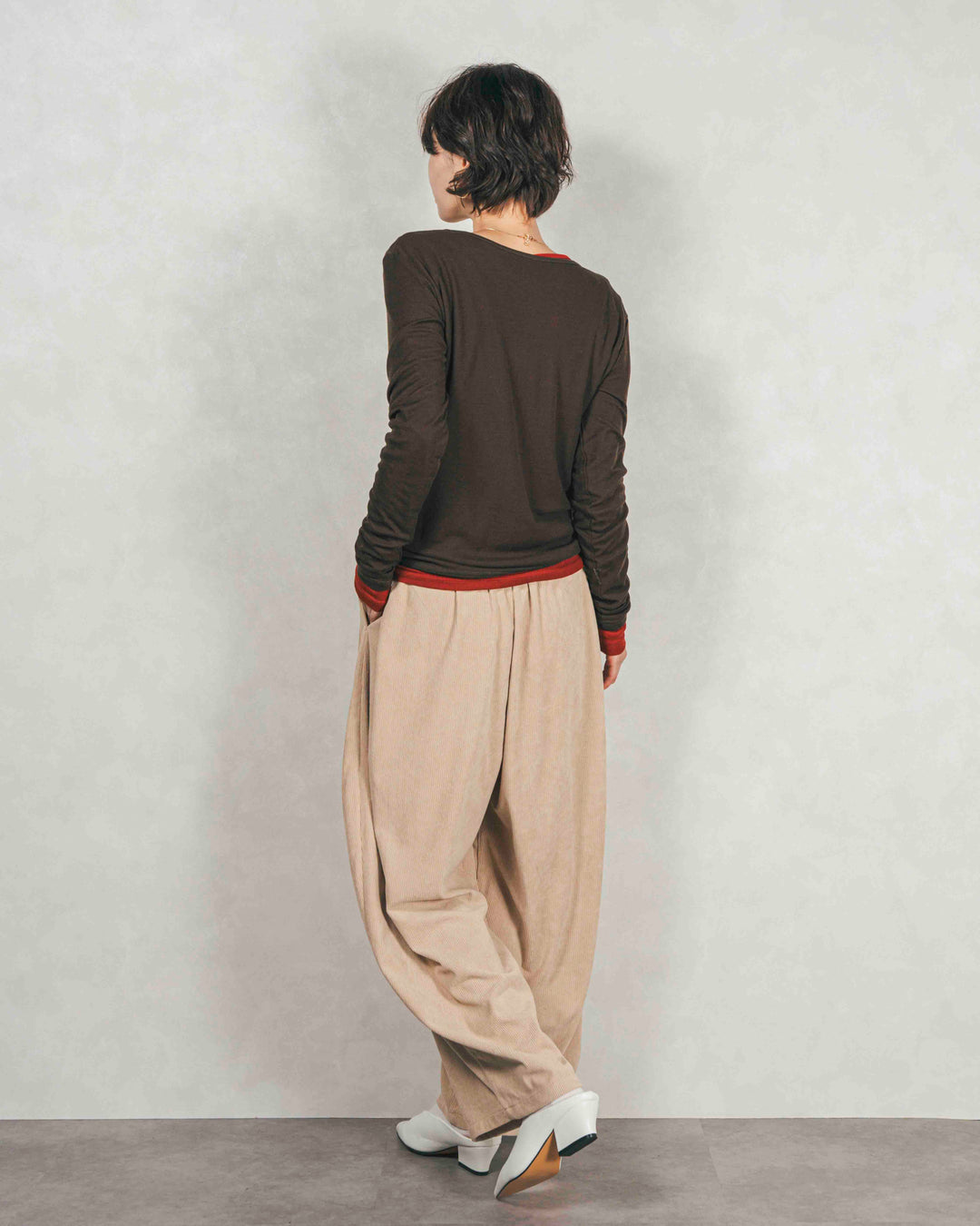 Sheerリブヘンリーネックトップス (BROWN)