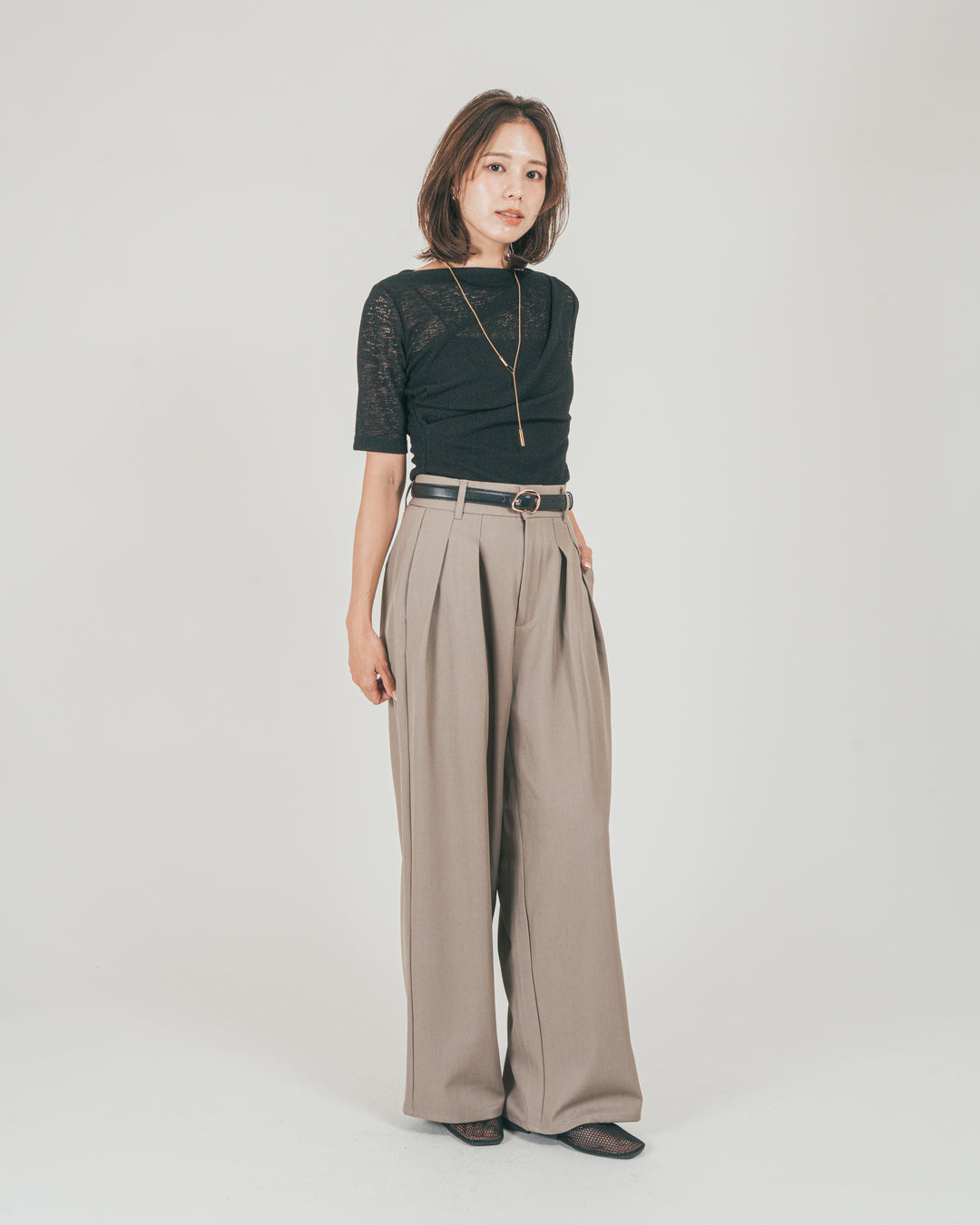 ［SET］カットレース ドレープTee + ダブルタック ハイウエストワイドパンツ（2SET）