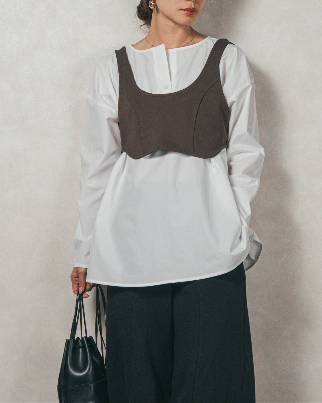 ［SET］カットビスチェxブラウス レイヤードSET+Relax 裏起毛カーブパンツ（2SET）