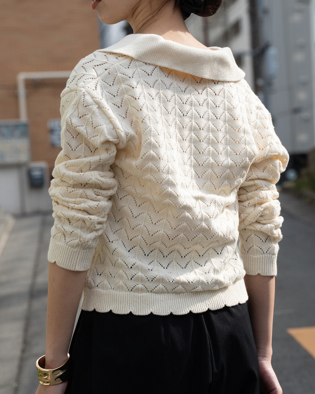透かし編みニット襟付きカーディガン