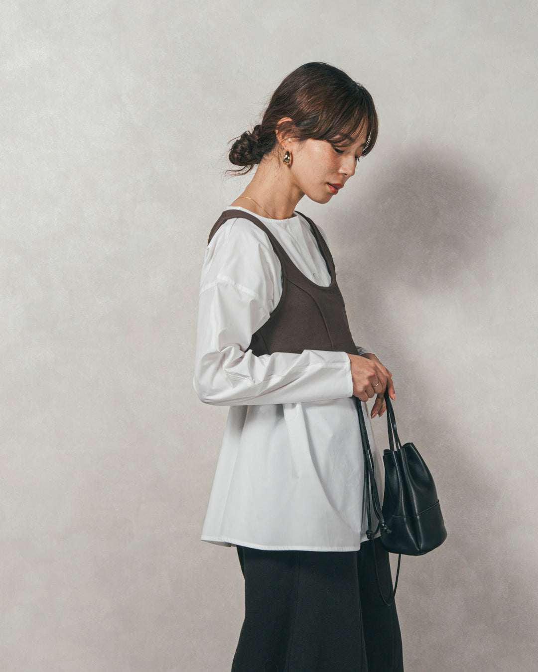 ［SET］カットビスチェxブラウス レイヤードSET+Relax 裏起毛カーブパンツ（2SET）