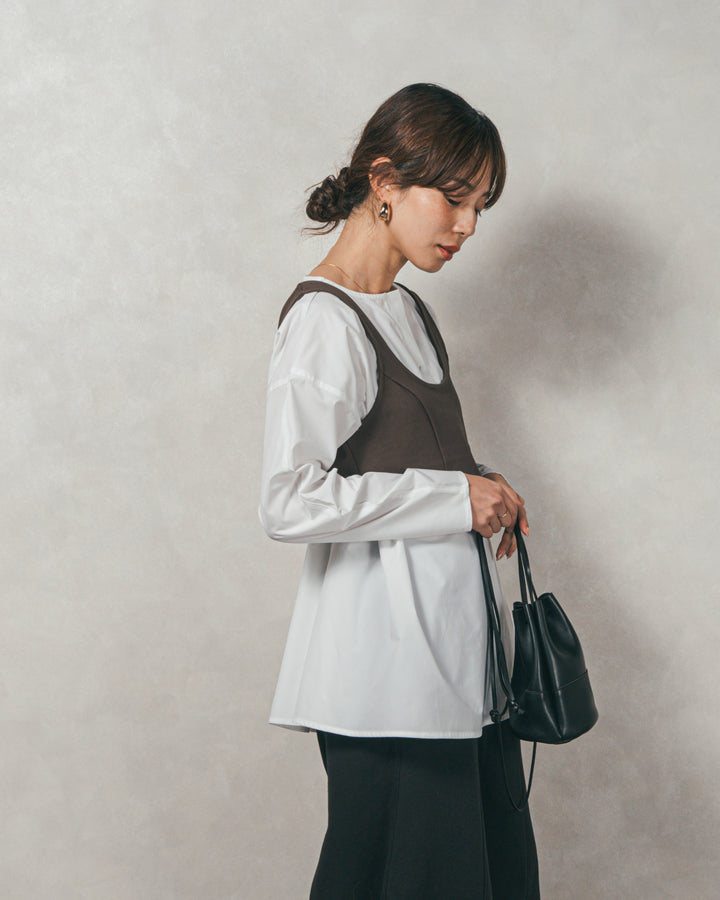 ［SET］カットビスチェxブラウス レイヤードSET+Relax 裏起毛カーブパンツ（2SET）