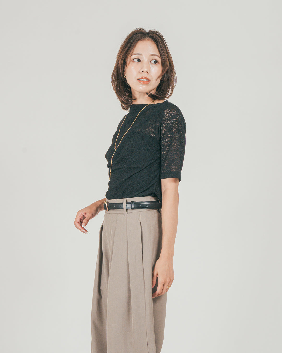 ［SET］カットレース ドレープTee + ダブルタック ハイウエストワイドパンツ（2SET）