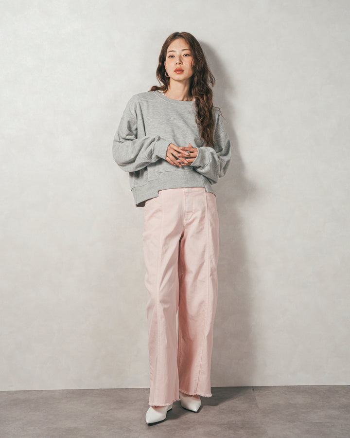 ［SET］ラメ裏毛ボリュームスリーブトレーナー+センターシーム リラックスカラーデニム（2SET）