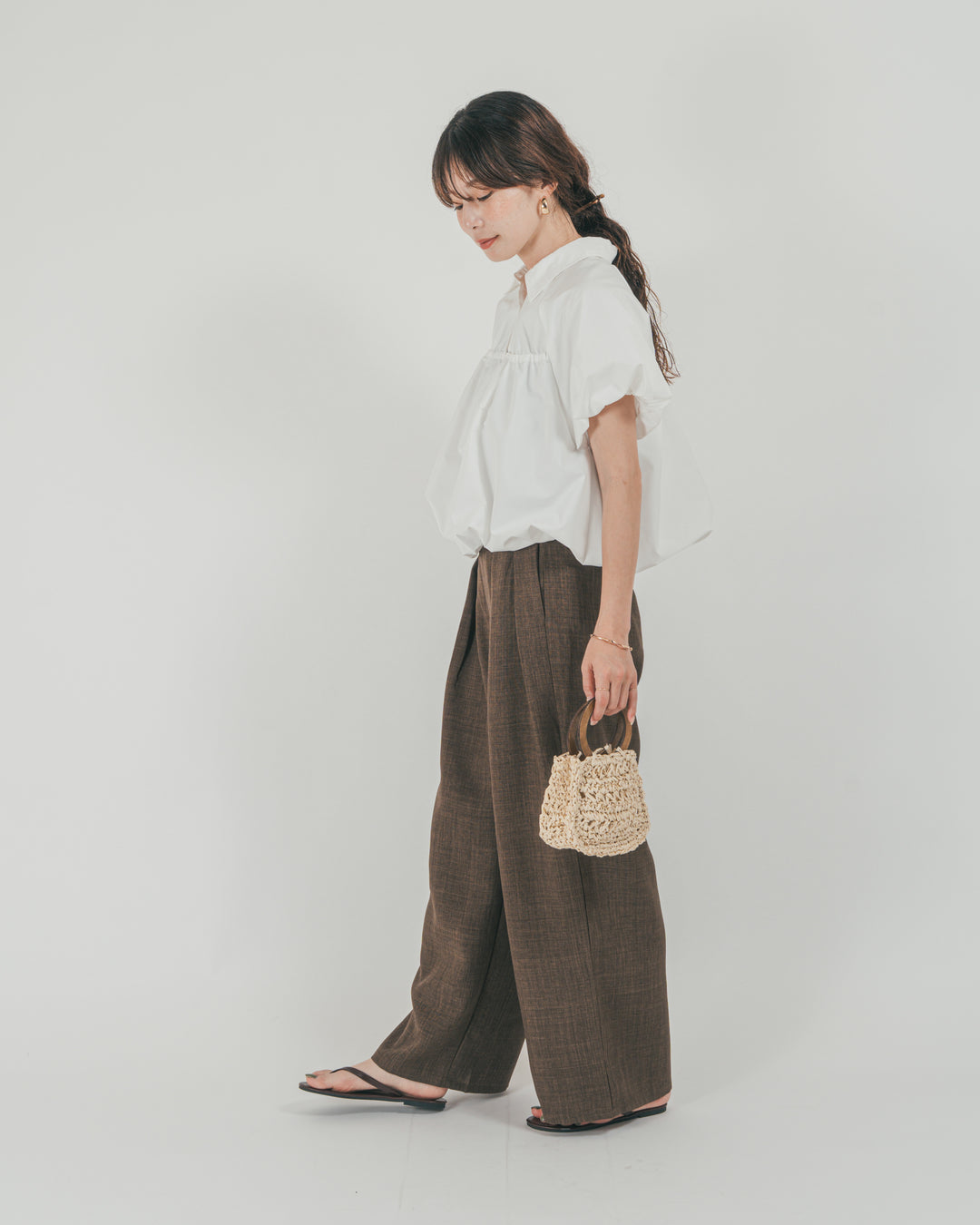 ［SET］バルーンShirringハーフスリーブシャツ + スラブTweedタックワイドパンツ（2SET）
