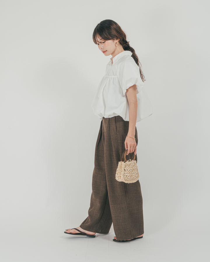 ［SET］バルーンShirringハーフスリーブシャツ + スラブTweedタックワイドパンツ（2SET）