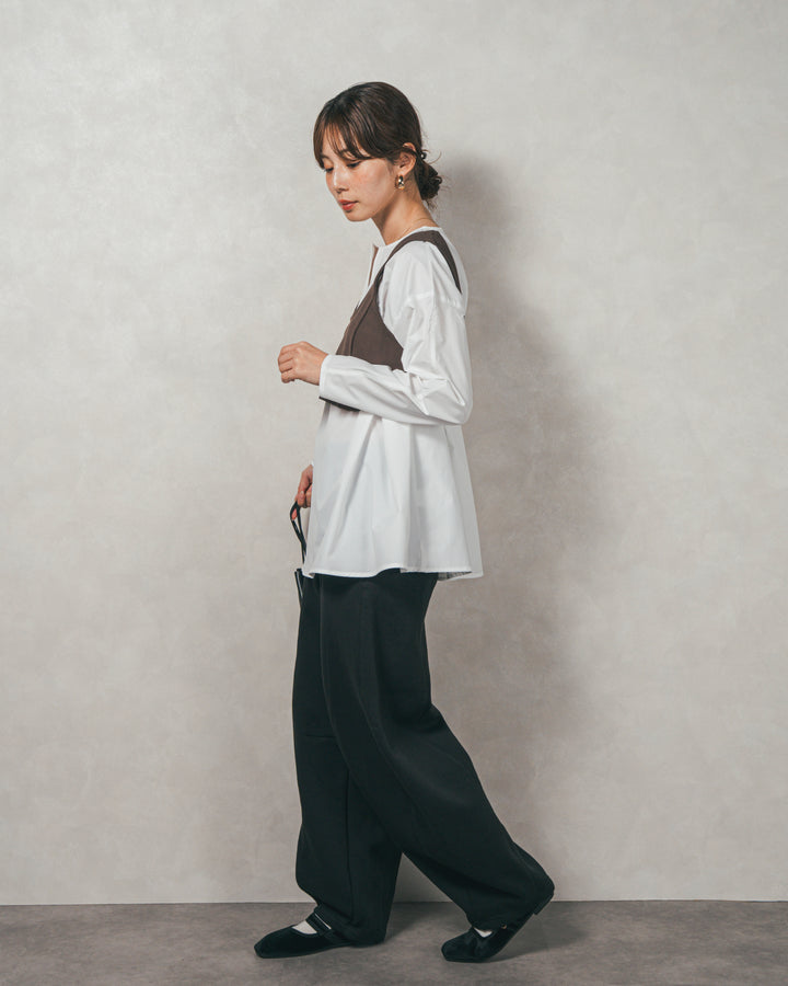 ［SET］カットビスチェxブラウス レイヤードSET+Relax 裏起毛カーブパンツ（2SET）