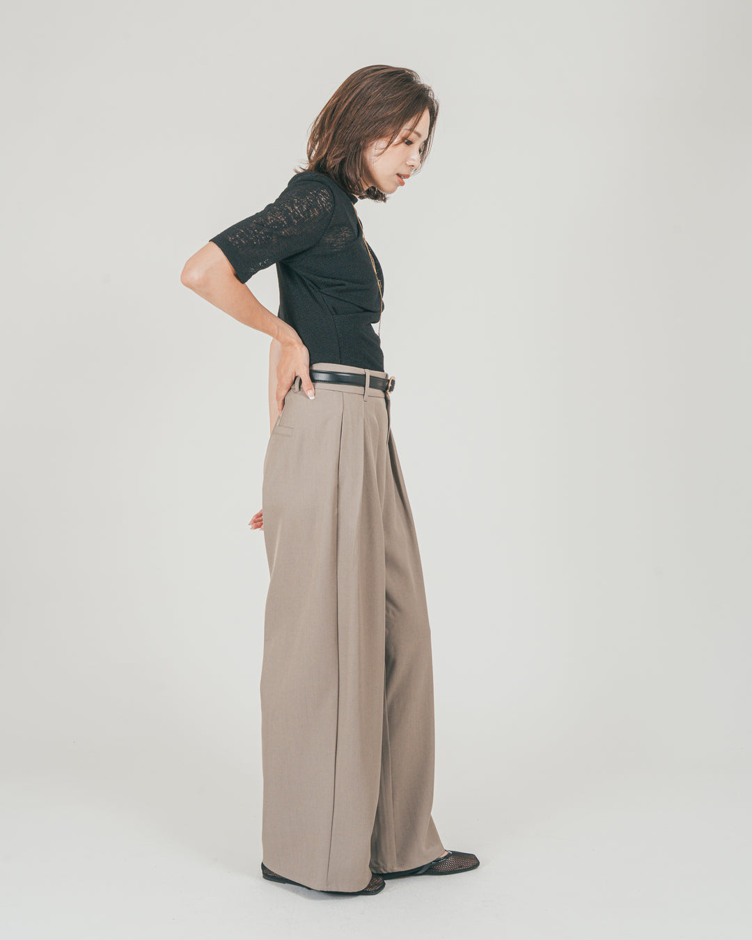 ［SET］カットレース ドレープTee + ダブルタック ハイウエストワイドパンツ（2SET）