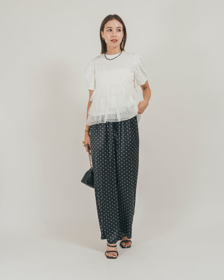 ［SET］チュールフリル ペプラムTシャツ + ドットサテンパンツ（2SET）