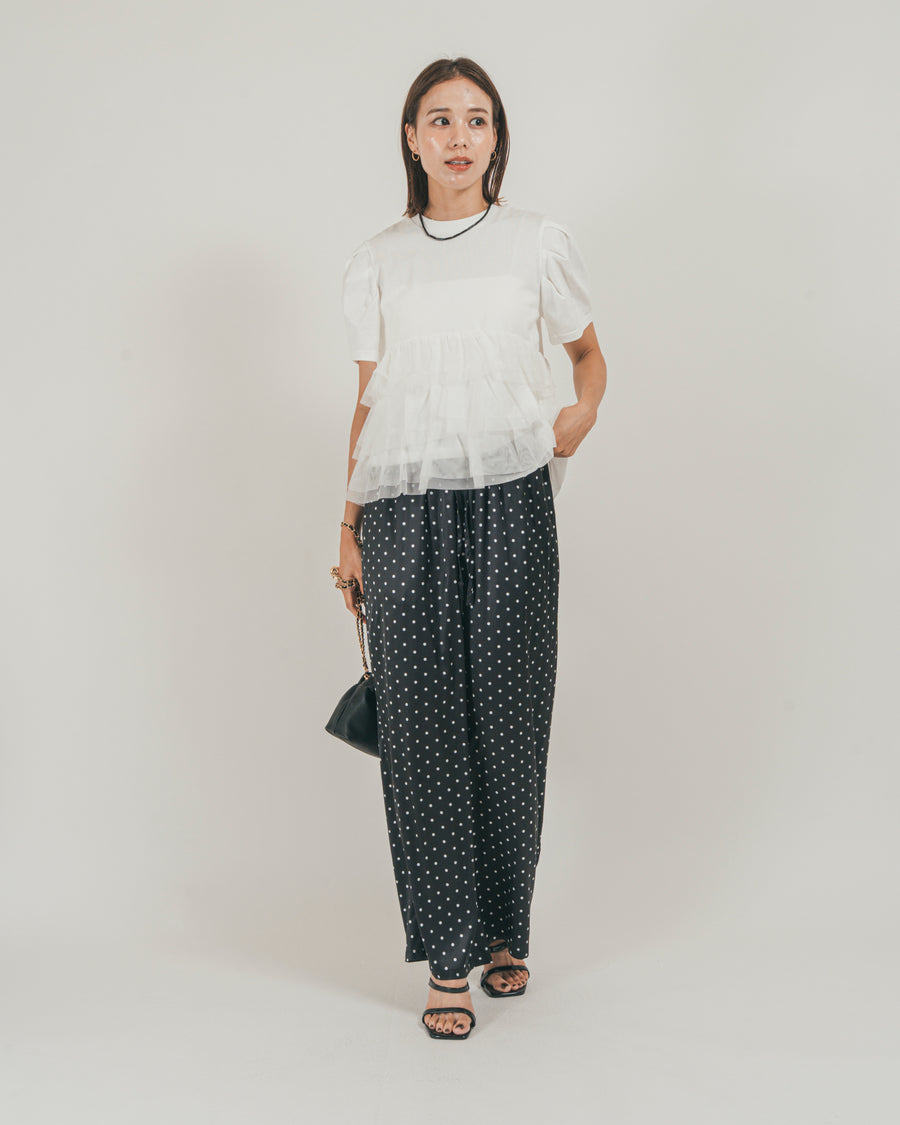 ［SET］チュールフリル ペプラムTシャツ + ドットサテンパンツ（2SET）