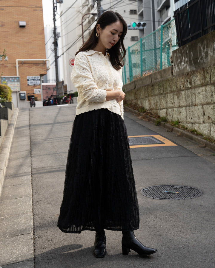 透かし編みニット襟付きカーディガン