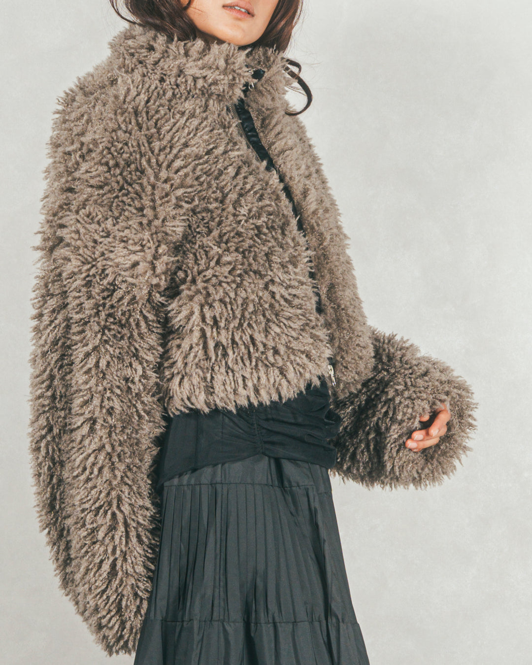 ［SET］プードルボアZipショートコート+ワイドTuckイージーデニム（2SET）