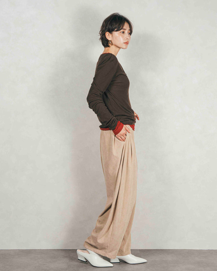 Sheerリブヘンリーネックトップス (BROWN)