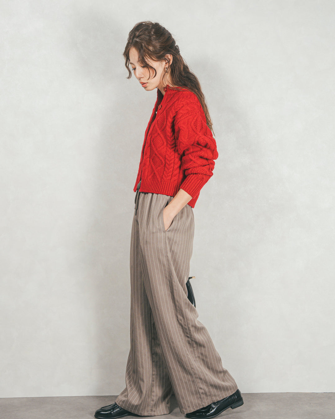 ［SET］ケーブルKnitクルーカーディガン+Relaxストライプパンツ