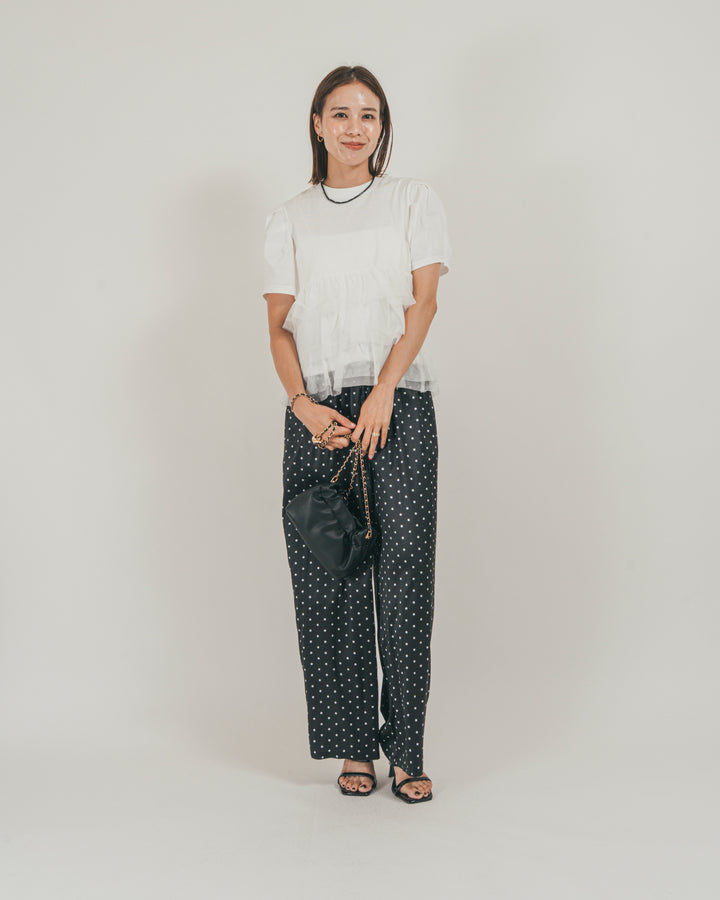 ［SET］チュールフリル ペプラムTシャツ + ドットサテンパンツ（2SET）