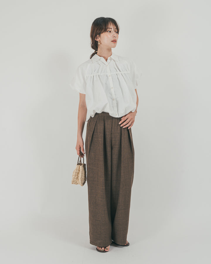 ［SET］バルーンShirringハーフスリーブシャツ + スラブTweedタックワイドパンツ（2SET）