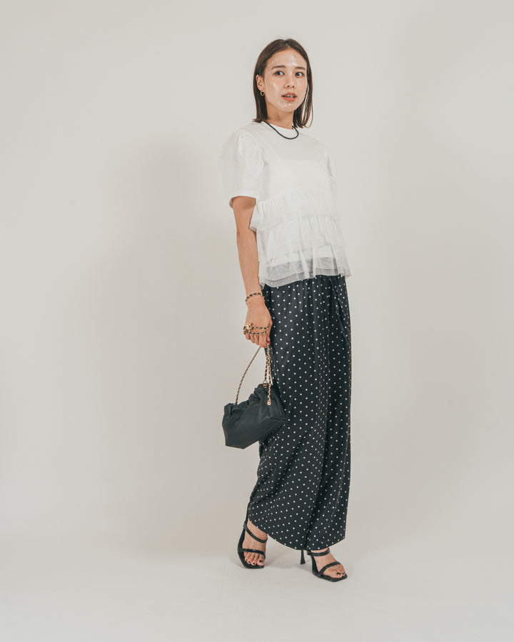 ［SET］チュールフリル ペプラムTシャツ + ドットサテンパンツ（2SET）