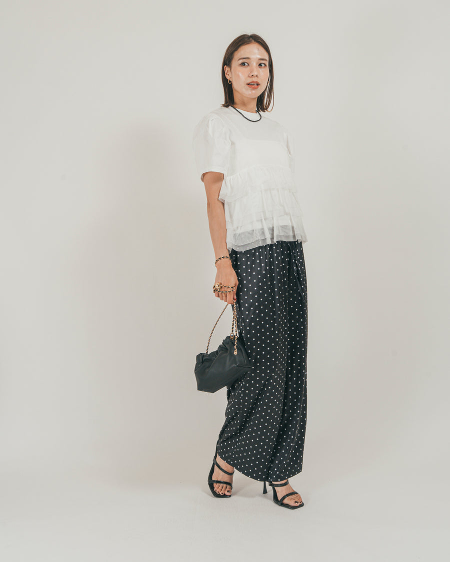 ［SET］チュールフリル ペプラムTシャツ + ドットサテンパンツ（2SET）