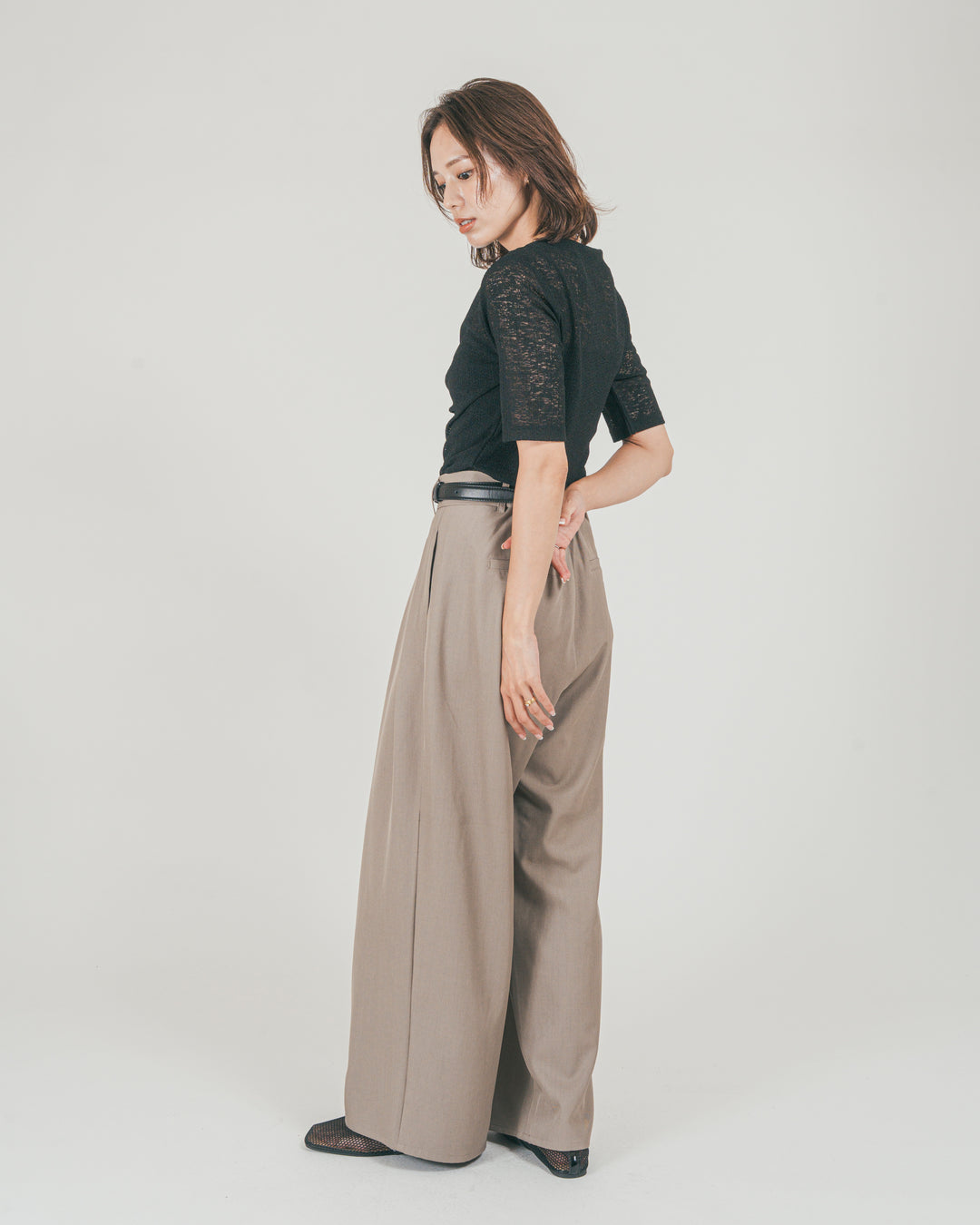 ［SET］カットレース ドレープTee + ダブルタック ハイウエストワイドパンツ（2SET）