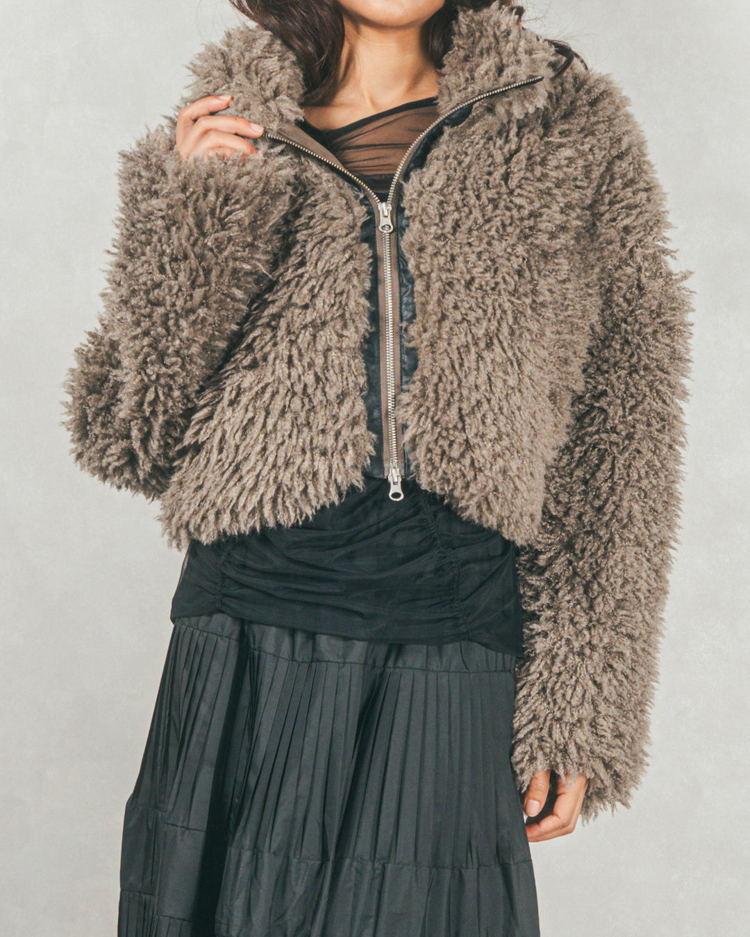 ［SET］プードルボアZipショートコート+プリーツNarrowロングスカート（2SET）