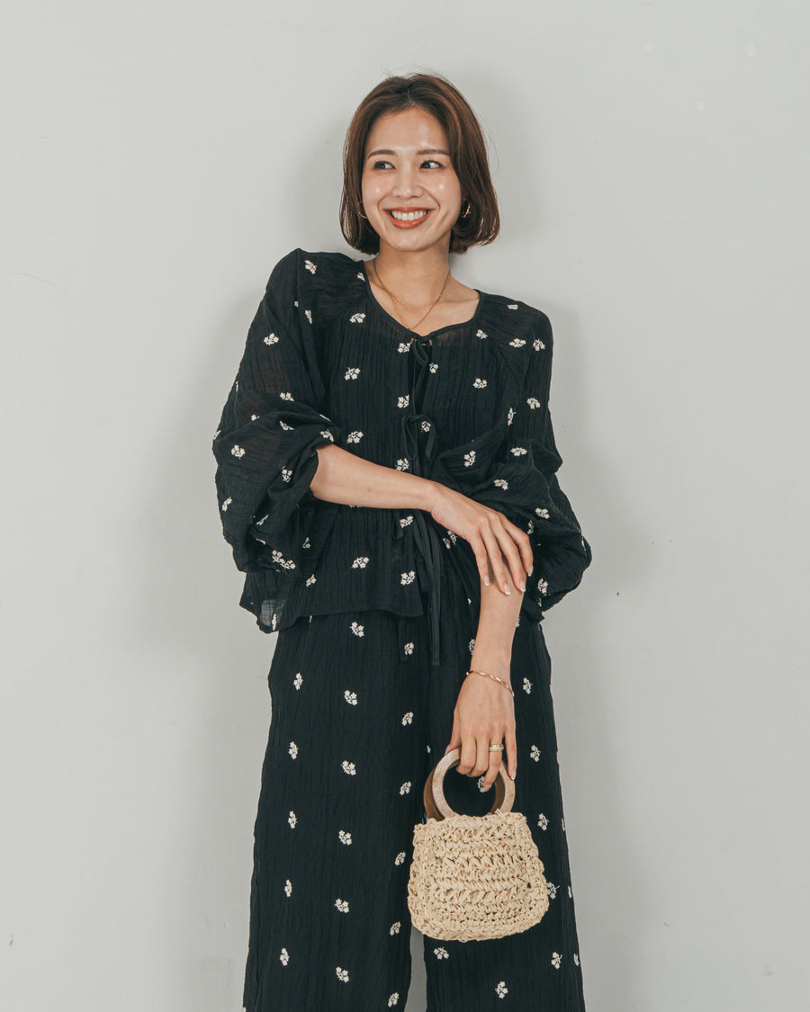 ［SET］フロントリボン刺繍 Veilブラウス + 刺繍 Veilロングパンツ（2SET）