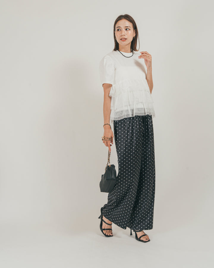 ［SET］チュールフリル ペプラムTシャツ + ドットサテンパンツ（2SET）