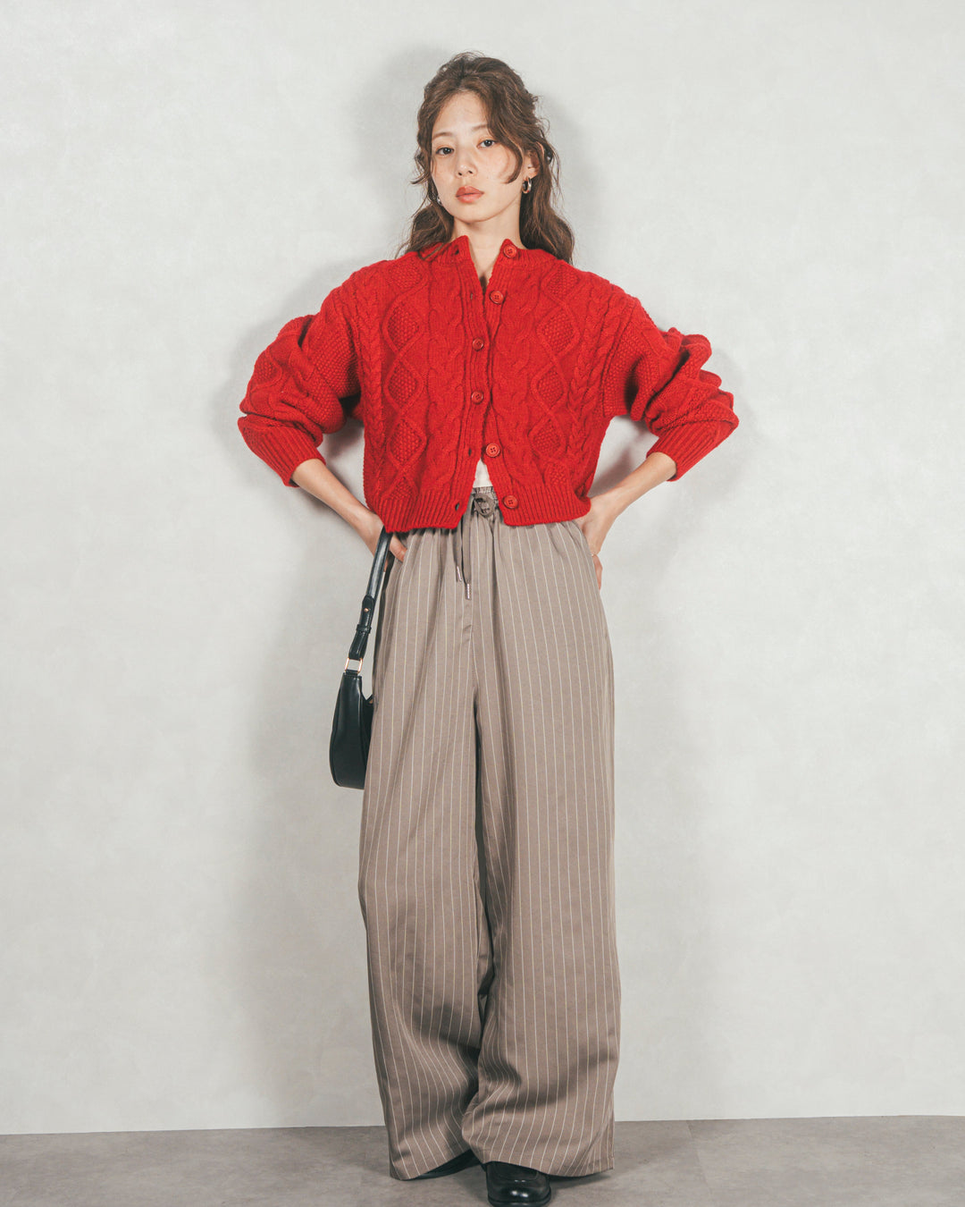 ［SET］ケーブルKnitクルーカーディガン+Relaxストライプパンツ