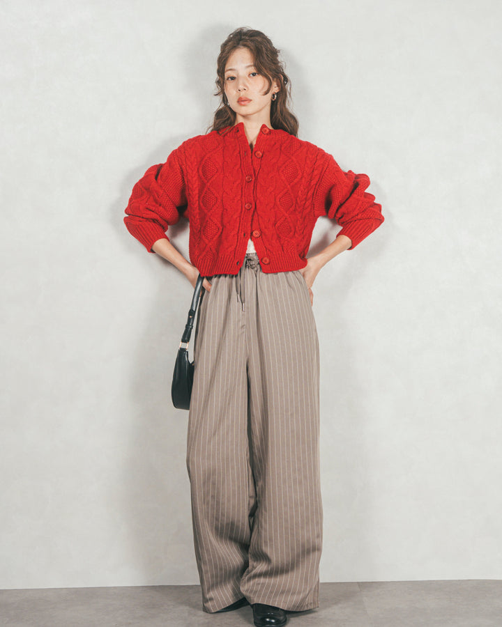 ［SET］ケーブルKnitクルーカーディガン+Relaxストライプパンツ