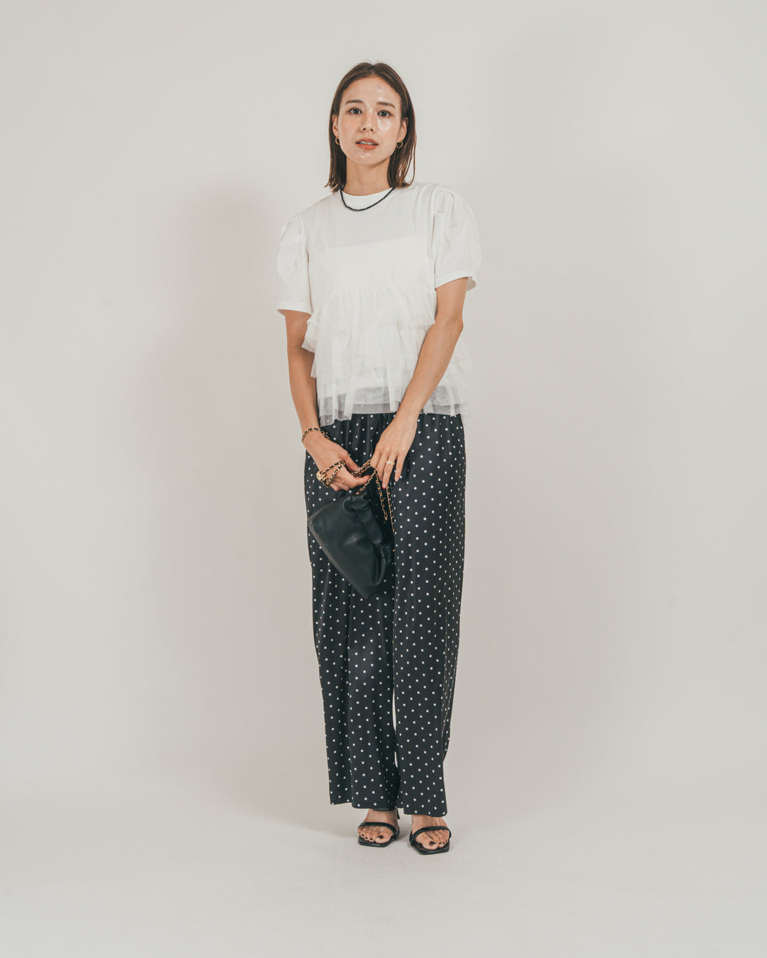 ［SET］チュールフリル ペプラムTシャツ + ドットサテンパンツ（2SET）