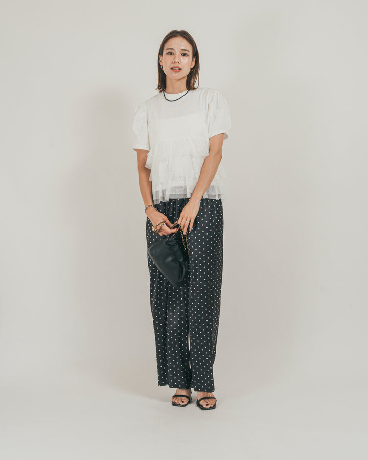 ［SET］チュールフリル ペプラムTシャツ + ドットサテンパンツ（2SET）